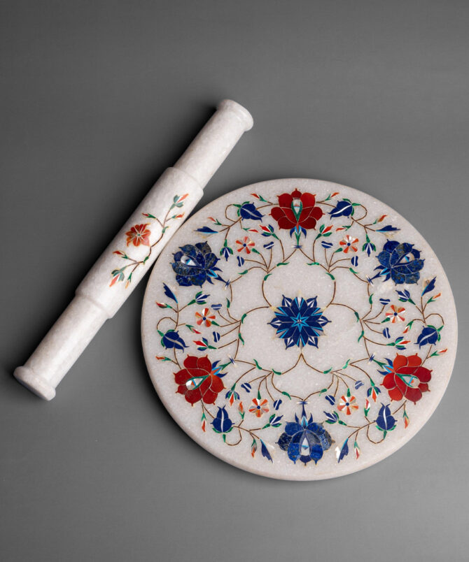 White marble chakla Inlay work (grinding/pastry board and rolling pin