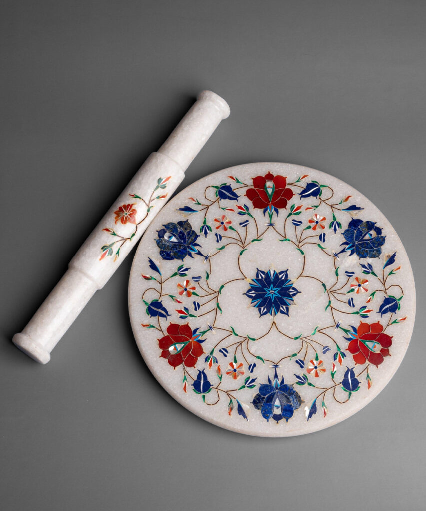 White marble chakla Inlay work (grinding/pastry board and rolling pin