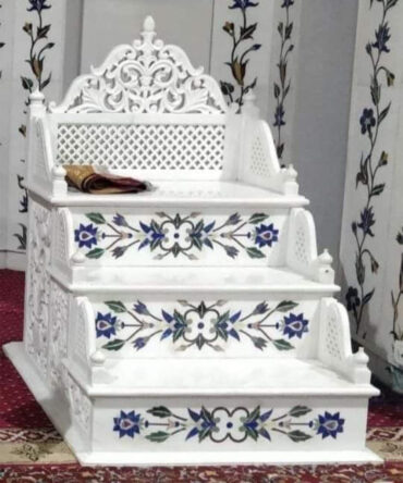 White Makrana Marble Minbar , Mimber with Blue Flower Inlay Work