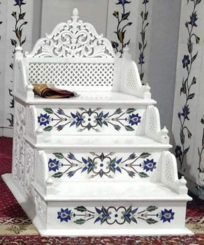 White Makrana Marble Minbar , Mimber with Blue Flower Inlay Work