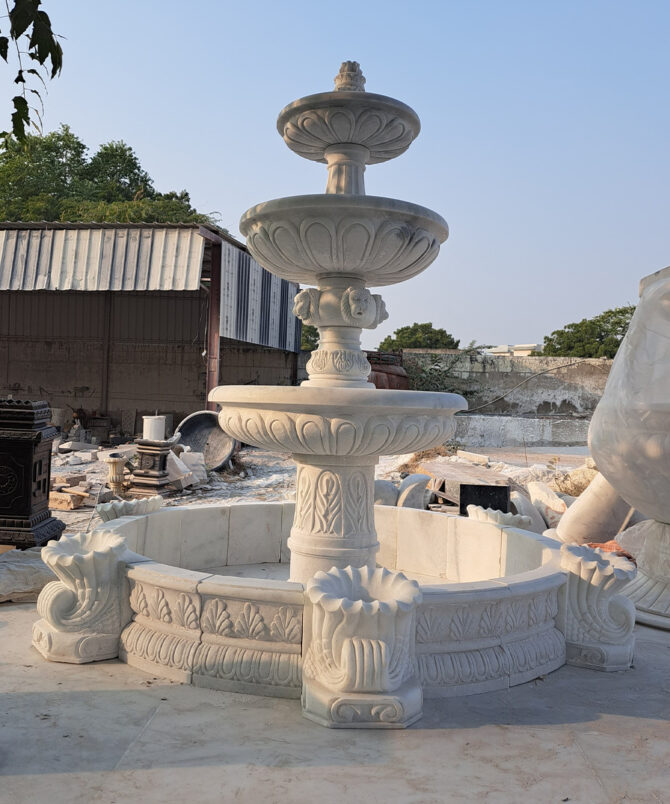 Makrana White Marble 3-Tier Fountain with Ornamental Water Tank