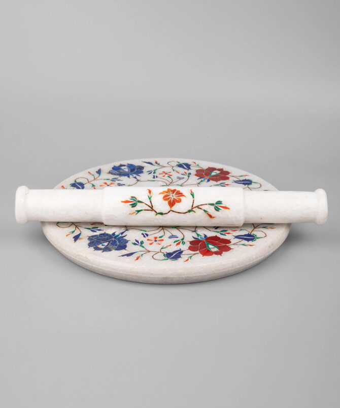 White marble chakla Inlay work (grinding/pastry board and rolling pin - Image 3