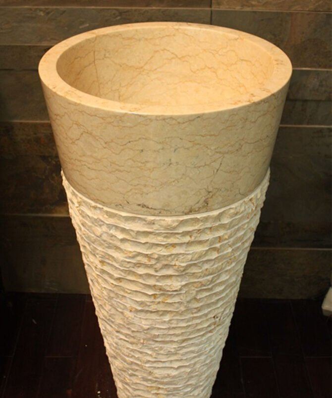 Natural Stone Beige/Yellow shain Textured Marble Pedestal Wash Basin