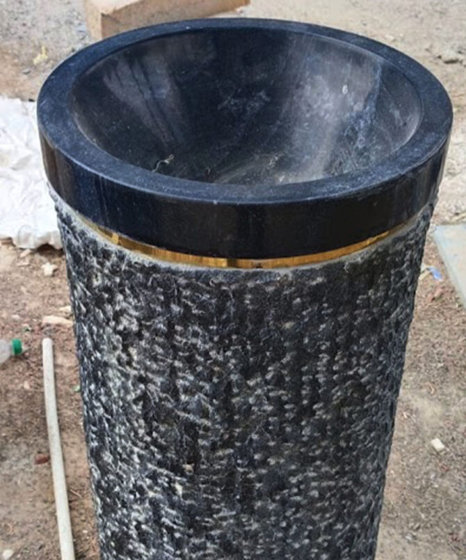 Black Marble Pedestal Wash Basin with Textured Finish and polish work