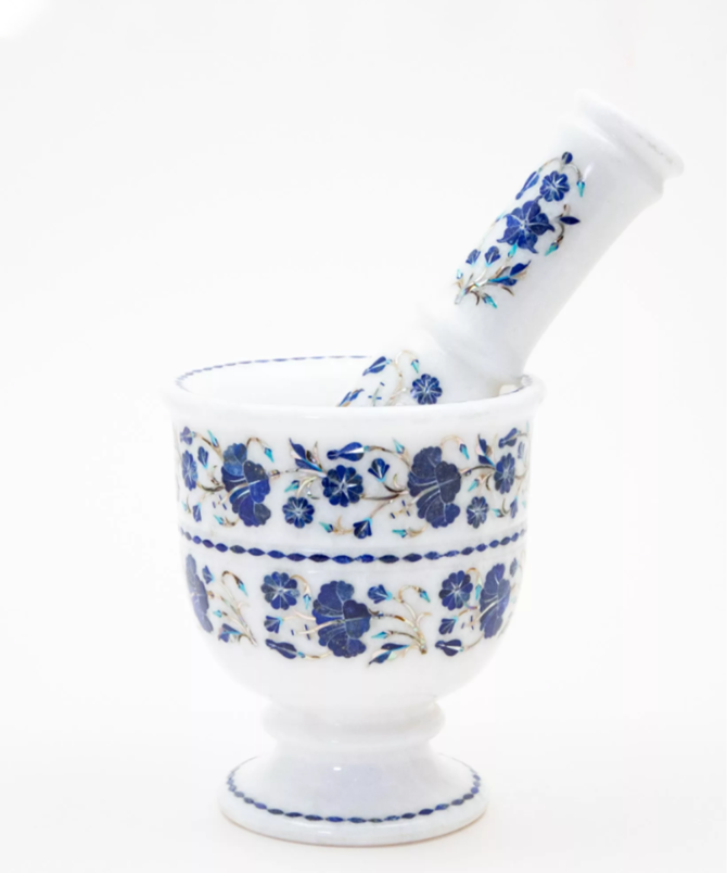 White Marble Imamdasta with Blue Floral Inlay
