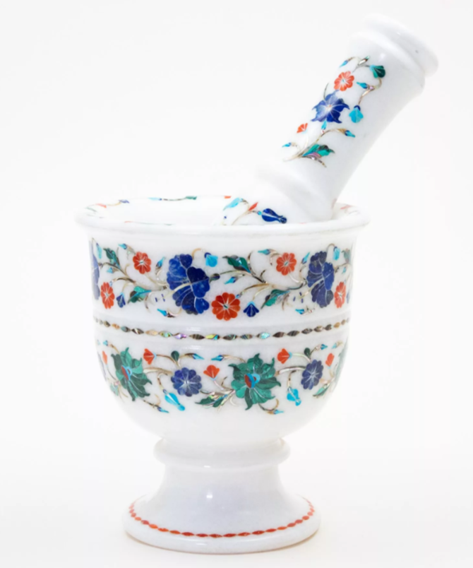 White Marble Imamdasta with Blue Floral Inlay