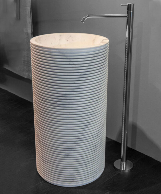 Cylindrical Ribbed Marble Pedestal Wash Basin