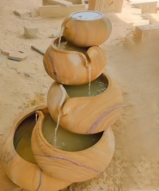 Golden Teakwood Flowing Pot Fountain – Natural Sandstone Beauty