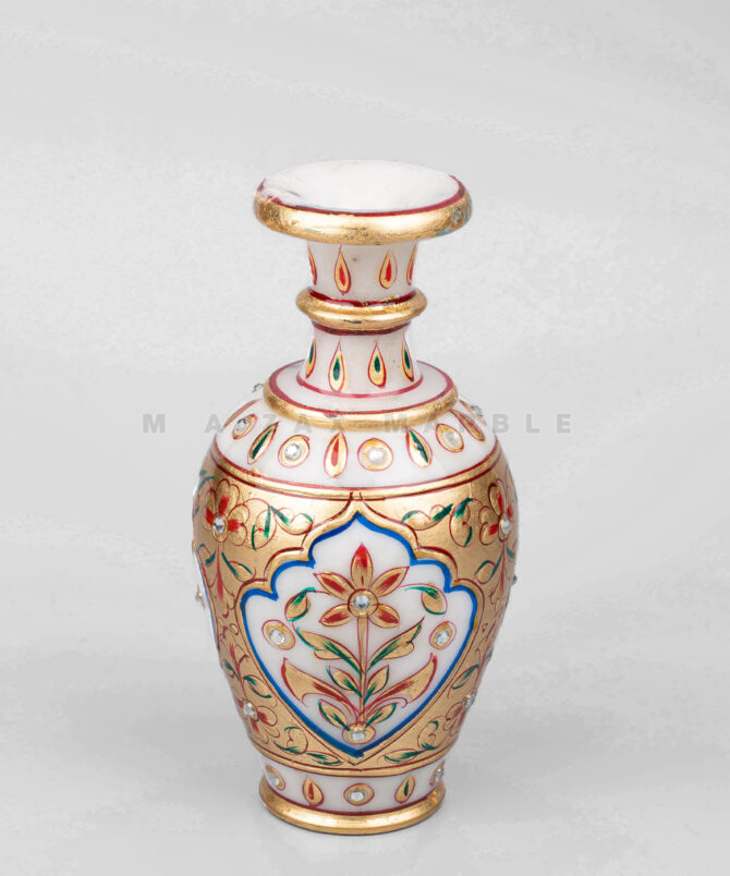 Elegant White Makrana Marble Pot | Handcrafted Decorative Vase & Planter | Unique painting and diamond work golden paint luxury look