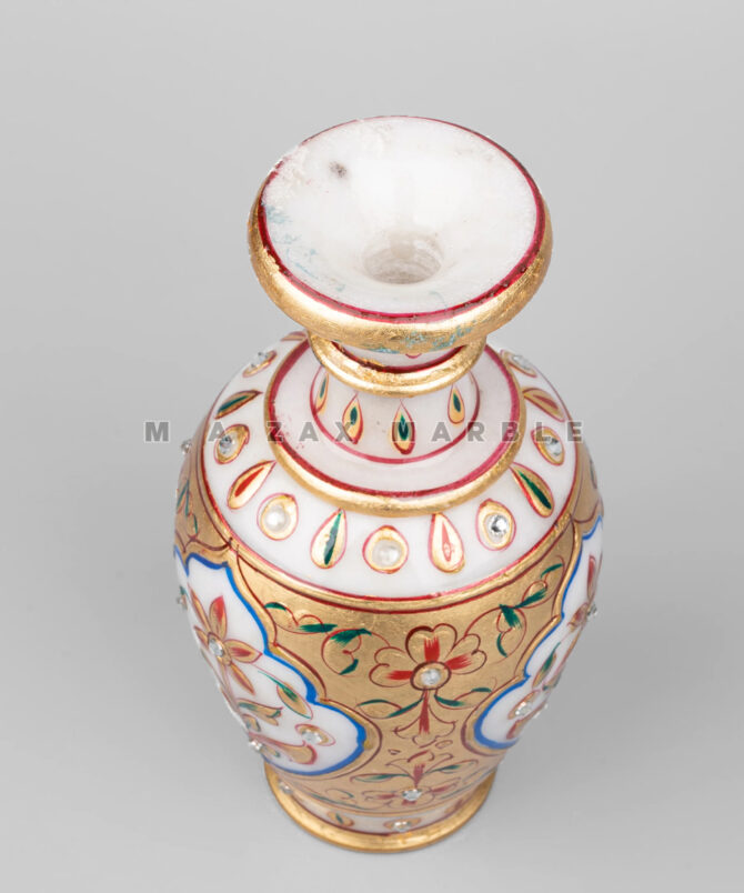 Elegant White Makrana Marble Pot | Handcrafted Decorative Vase & Planter | Unique painting and diamond work golden paint luxury look