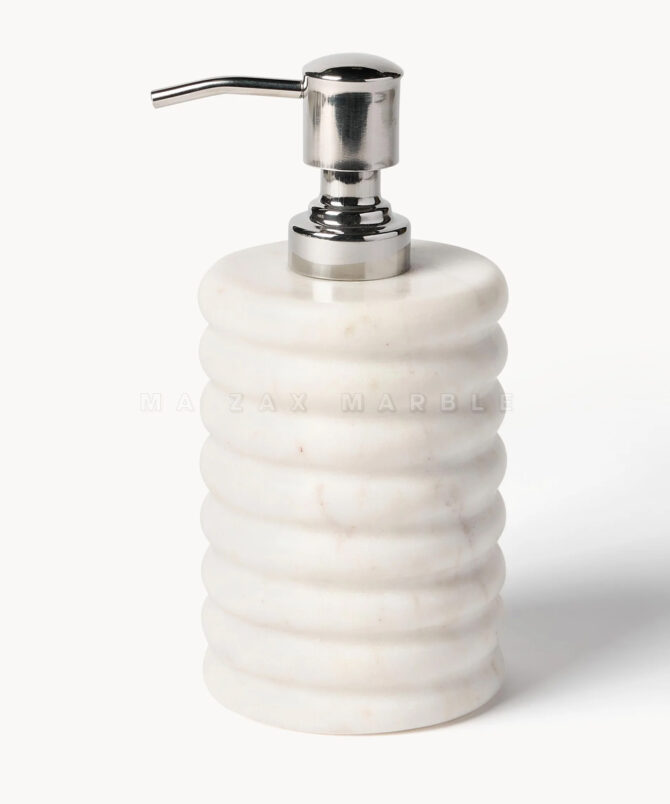 Luxury White Marble Bathroom Accessory Set – 4 Piece Ribbed Design | Rounding Design (Soap Dispenser, Tumbler, Storage Jar, Toothbrush Holder - Image 2