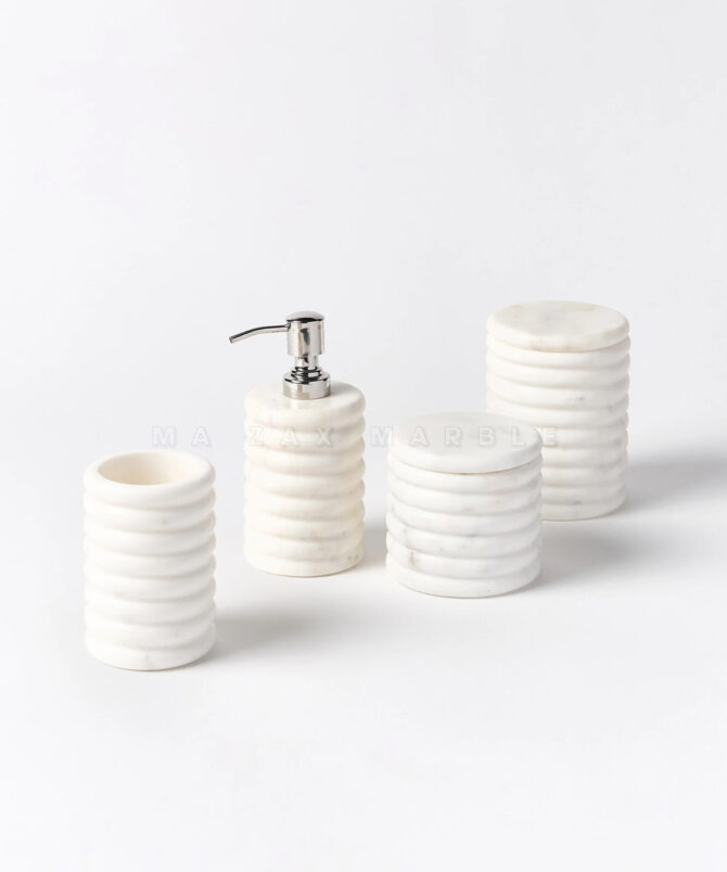 Luxury White Marble Bathroom Accessory Set – 4 Piece Ribbed Design | Rounding Design (Soap Dispenser, Tumbler, Storage Jar, Toothbrush Holder - Image 5