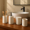 Luxury White Marble Bathroom Accessory Set – 4 Piece Ribbed Design | Rounding Design (Soap Dispenser, Tumbler, Storage Jar, Toothbrush Holder