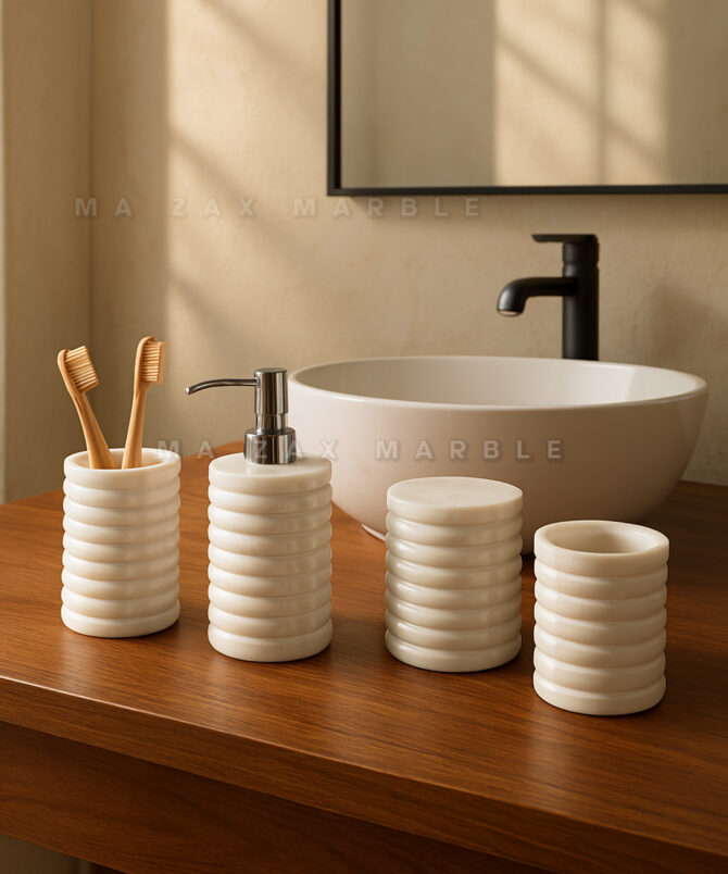 Luxury White Marble Bathroom Accessory Set – 4 Piece Ribbed Design | Rounding Design (Soap Dispenser, Tumbler, Storage Jar, Toothbrush Holder