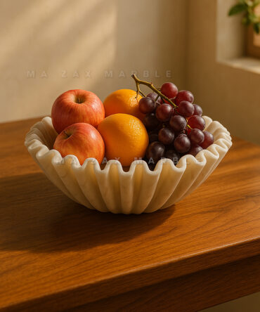 Handcrafted White Marble Fruit Bowl – Decorative Ruffle Design Centerpiece for Kitchen, Dining & Living Room | M A ZAX MABRLE | 9 x 5 inch