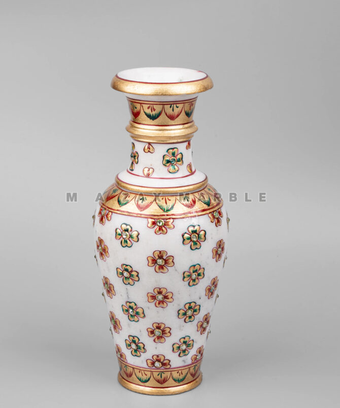 Elegant White Makrana Marble Pot | Handcrafted Decorative Vase & Planter | Unique painting and diamond work golden paint luxury look