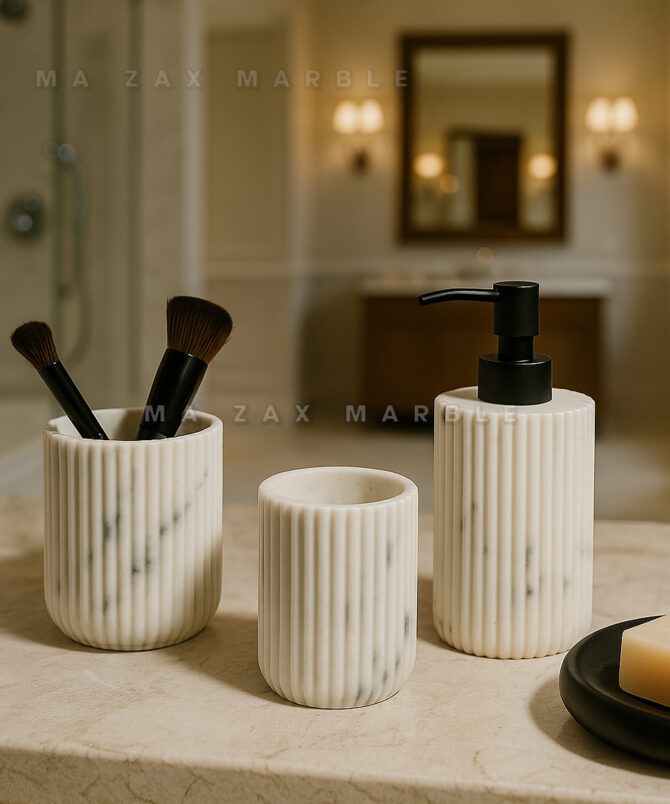 Modern White Marble Bathroom Accessories Set – Soap Dispenser, Tumbler & Brush Holder | MA ZAX MARBLE