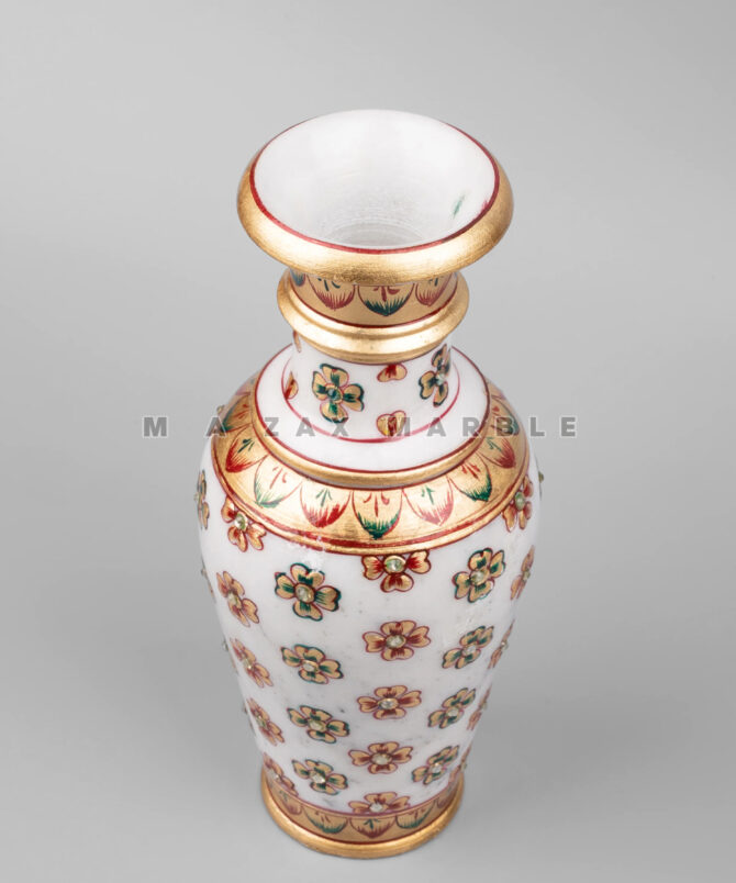 Elegant White Makrana Marble Pot | Handcrafted Decorative Vase & Planter | Unique painting and diamond work golden paint luxury look