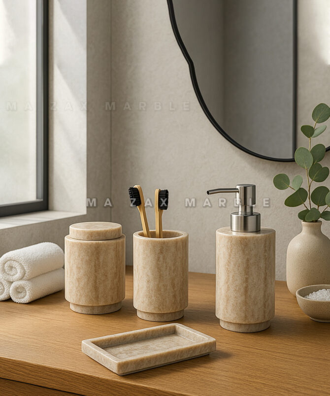 Premium Beige Marble Bathroom Set – 4-Piece Countertop Organizer