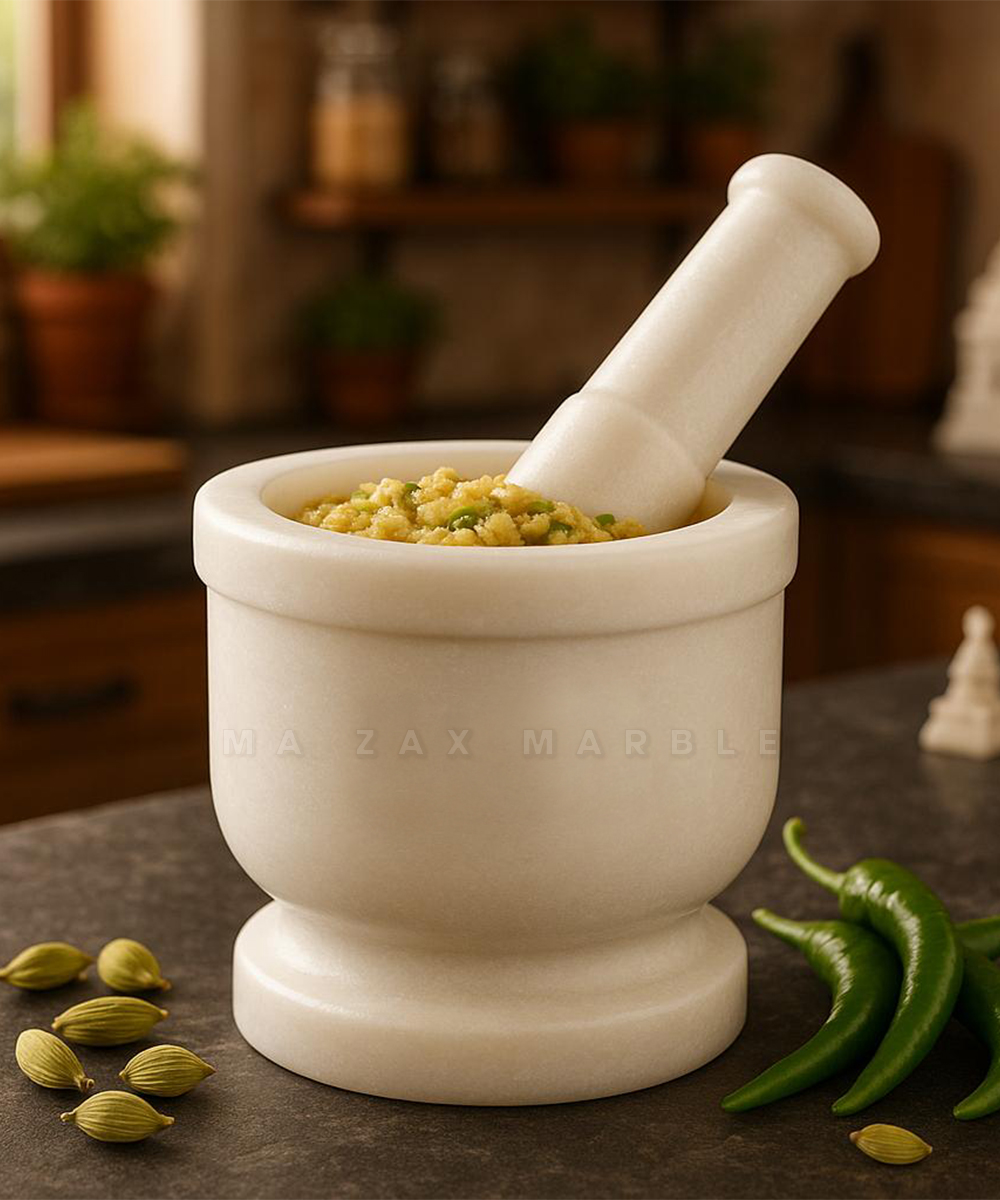 Premium White Marble Imam Dasta – 4x4 Inch Mortar and 5-Inch Pestle | M A Zax Marble