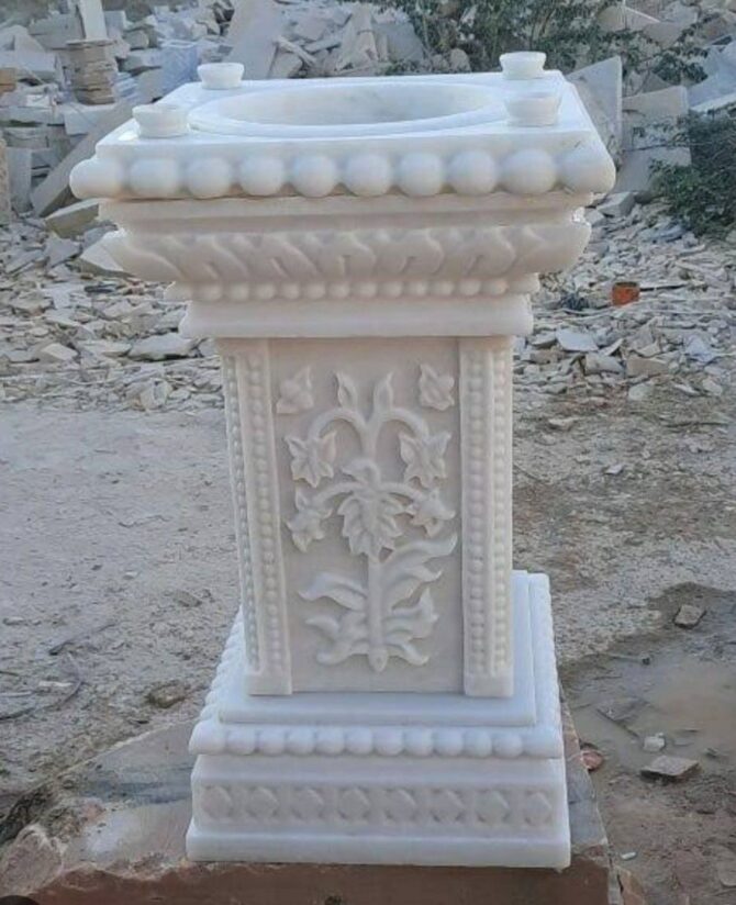 White Marble Tulsi Pot Decorate Home | Premium Marble Tulsi Stand