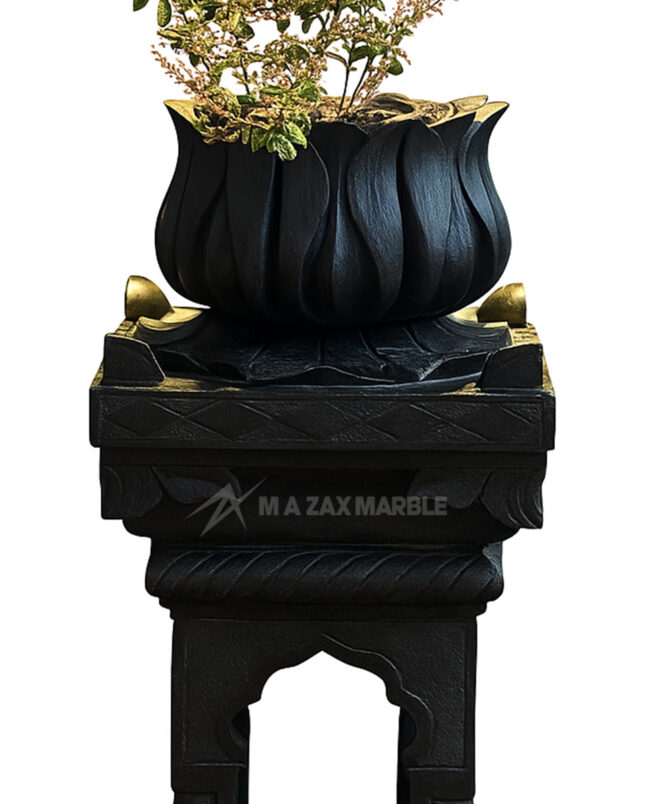 Premium Black Stone Tulsi Pot – Handcrafted Baslana and basalt Stone, Long-Lasting & Elegant Design for Home Temples & Gardens , balcony best morning feel | M A Zax Marble."
