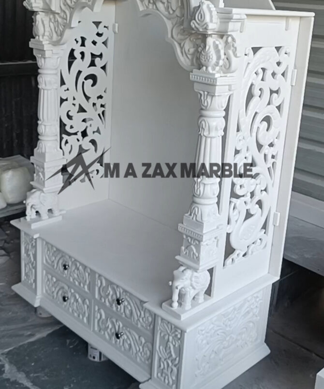 White Vatnam Marble Temple – Designer Peacock Carving Mandir for Home & Puja Room - Image 2
