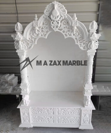 White Vatnam Marble Temple – Designer Peacock Carving Mandir for Home & Puja Room