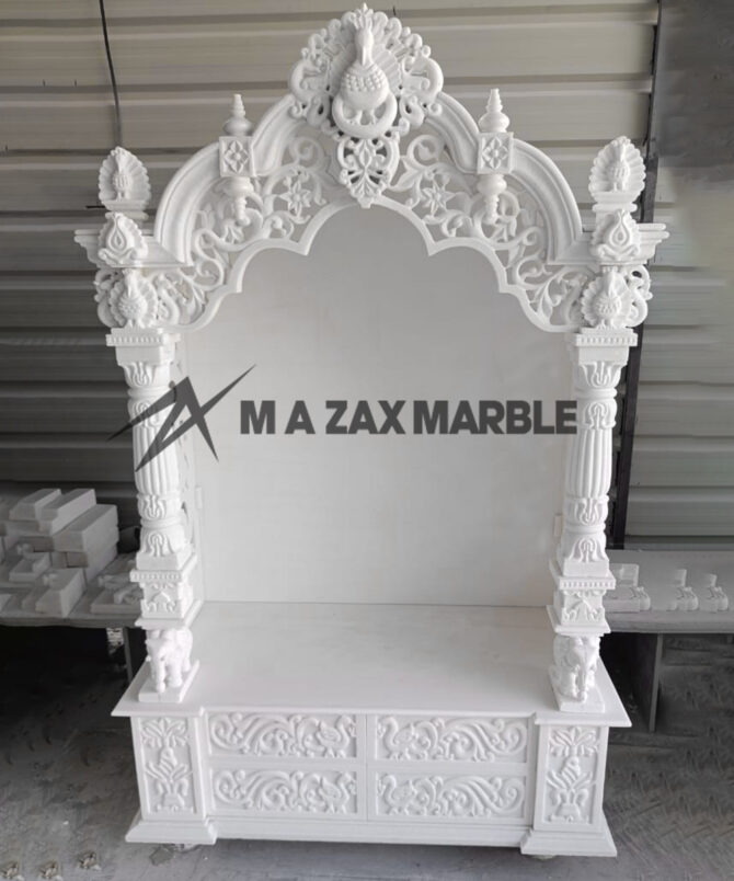 White Vatnam Marble Temple – Designer Peacock Carving Mandir for Home & Puja Room