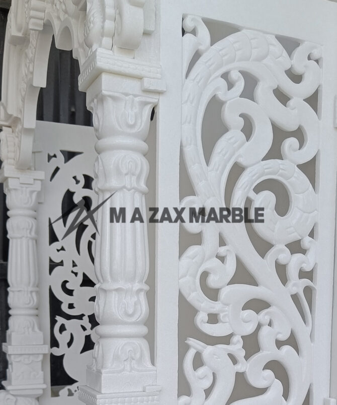 White Vatnam Marble Temple – Designer Peacock Carving Mandir for Home & Puja Room - Image 4
