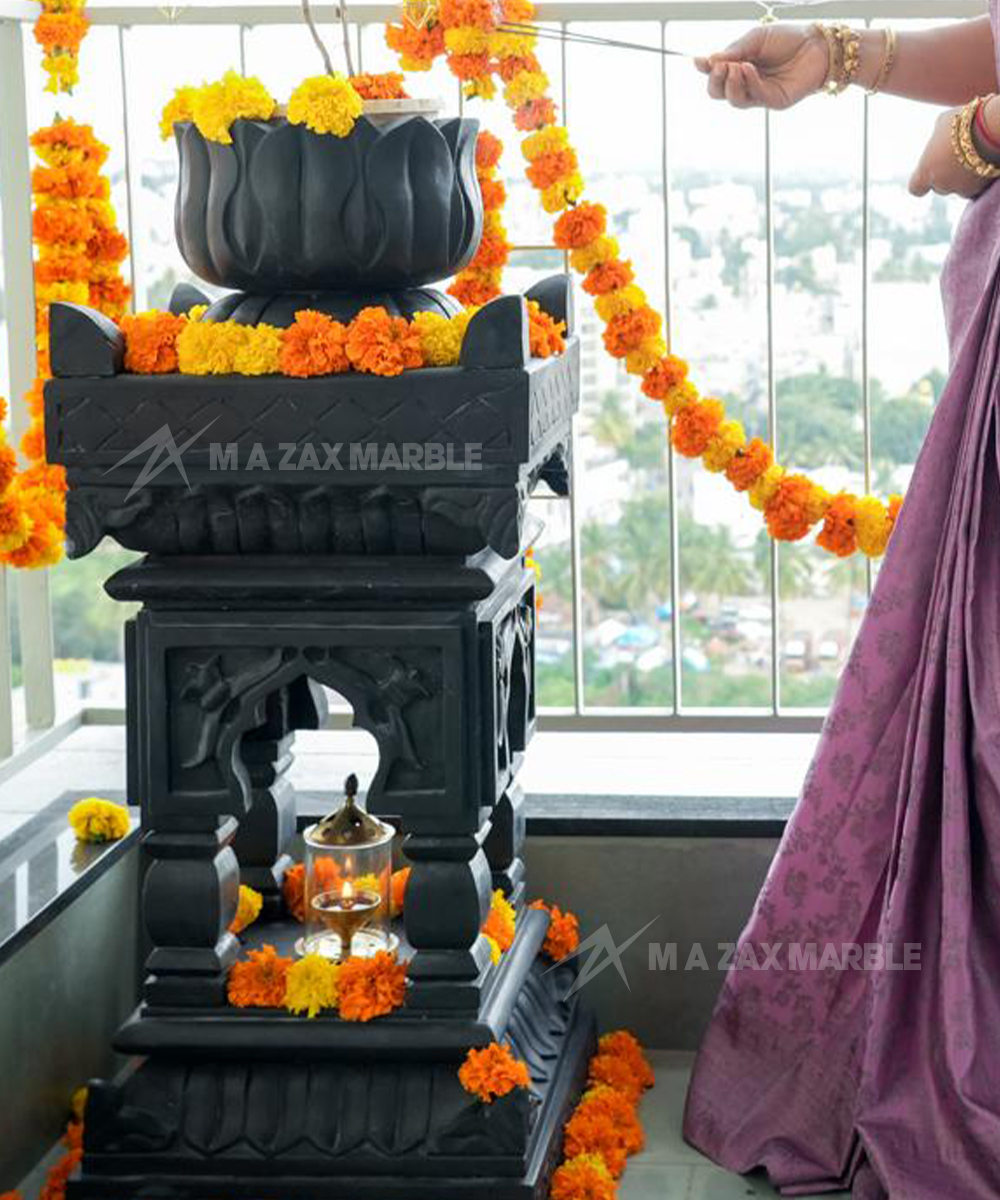 Black Stone Tulsi Pot , Tulsi katte With Lotus Flower Design Carving tulsi brindavan and vrindavan