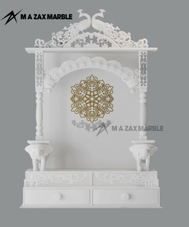 White Marble Peacock Design Mandir with Elephant Carving | Premium Wall Hanging Temple