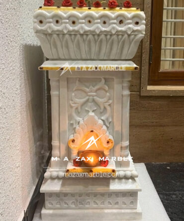 Elegant White Marble Tulsi Pot with Lotus Carving & Deepak Niche