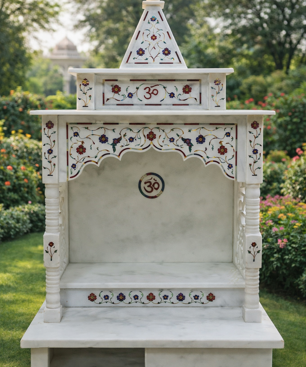 Premium White Marble Temple with Handcrafted Inlay Work | Makrana Marble Mandir Manufacturer – M A Zax Marble