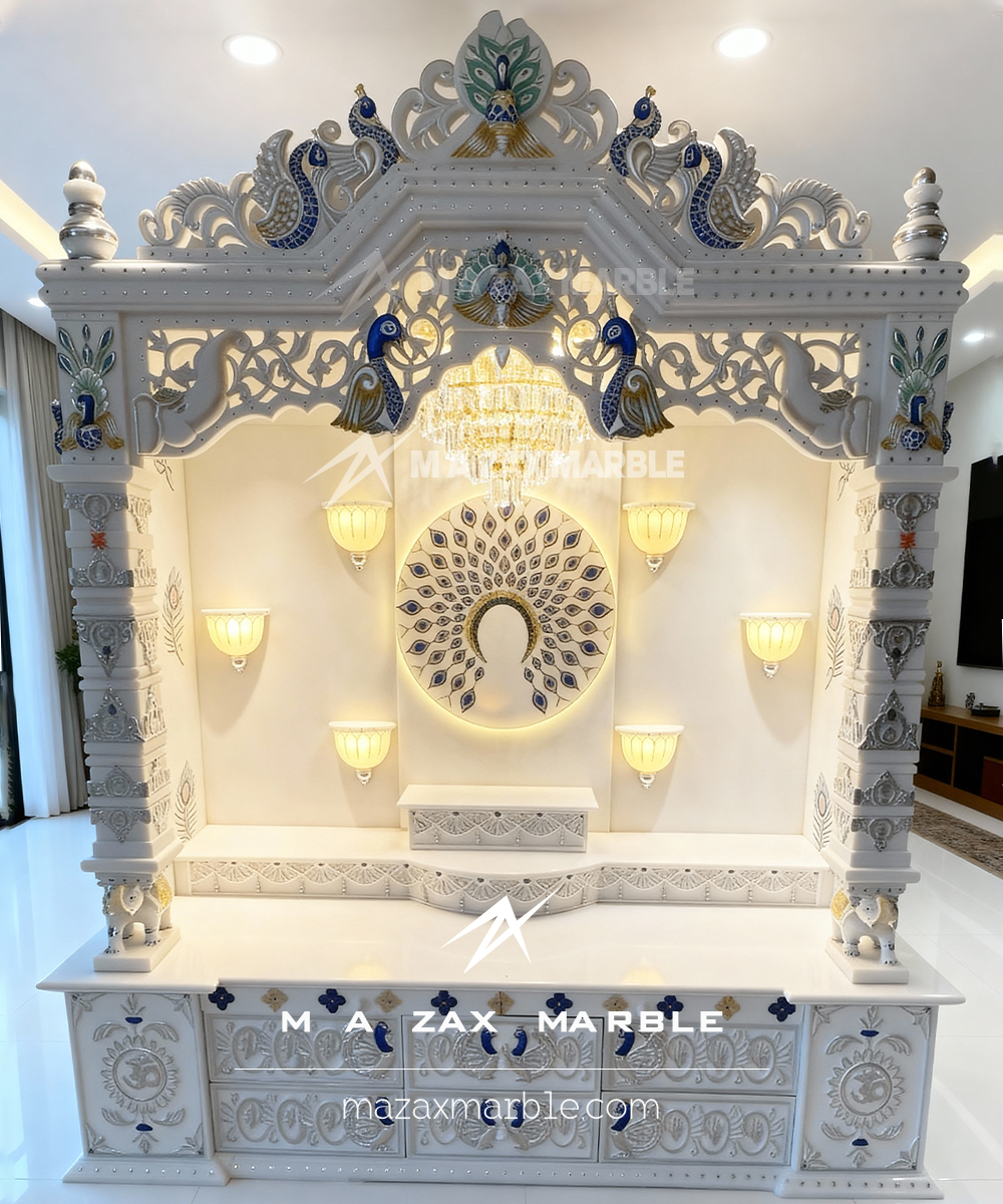 Luxury White Marble Mandir with Peacock Design | Premium Home Temple Interior