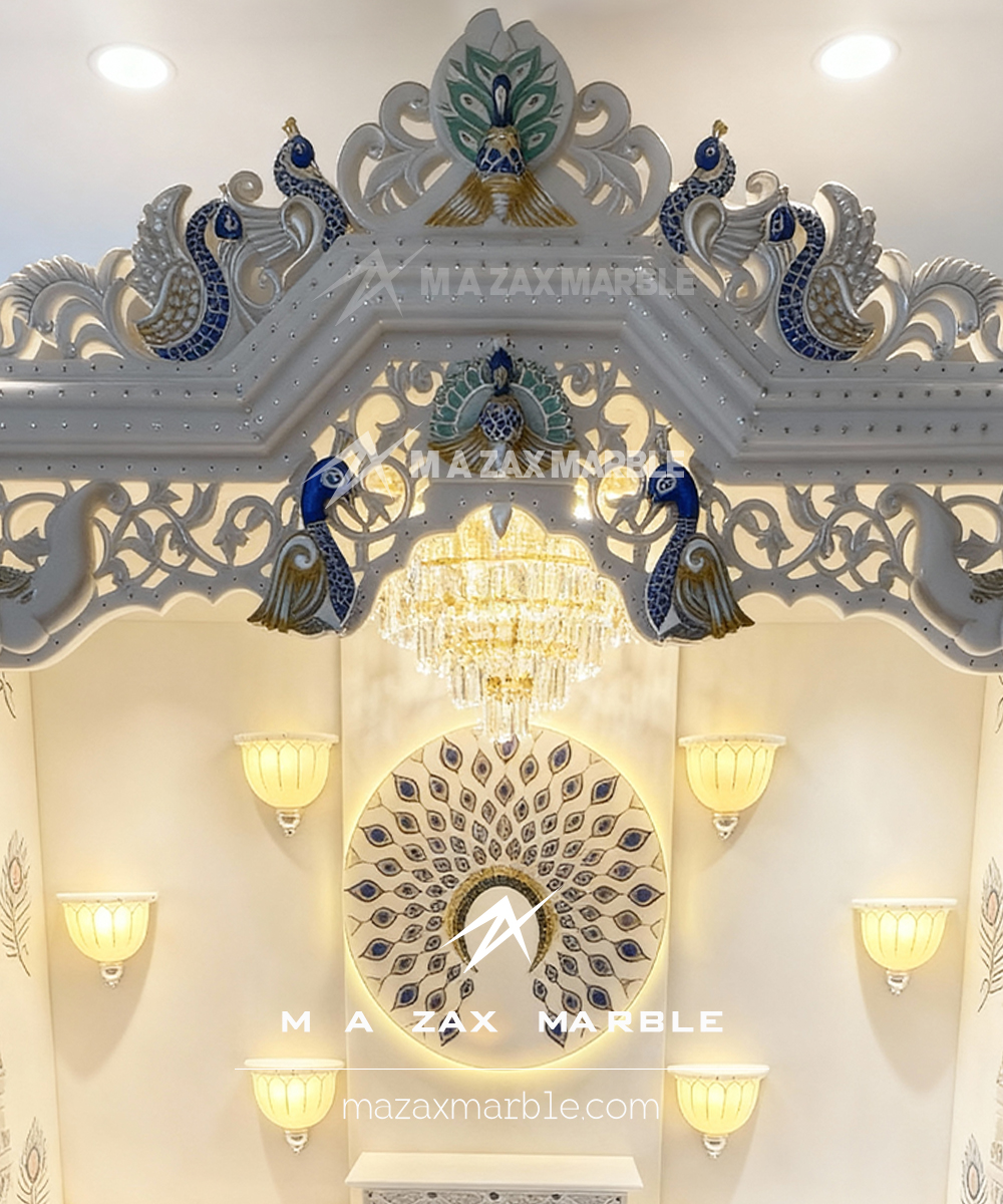 Luxury Handcrafted White Marble Mandir with Peacock Design | Premium Home Temple Interior - Image 2