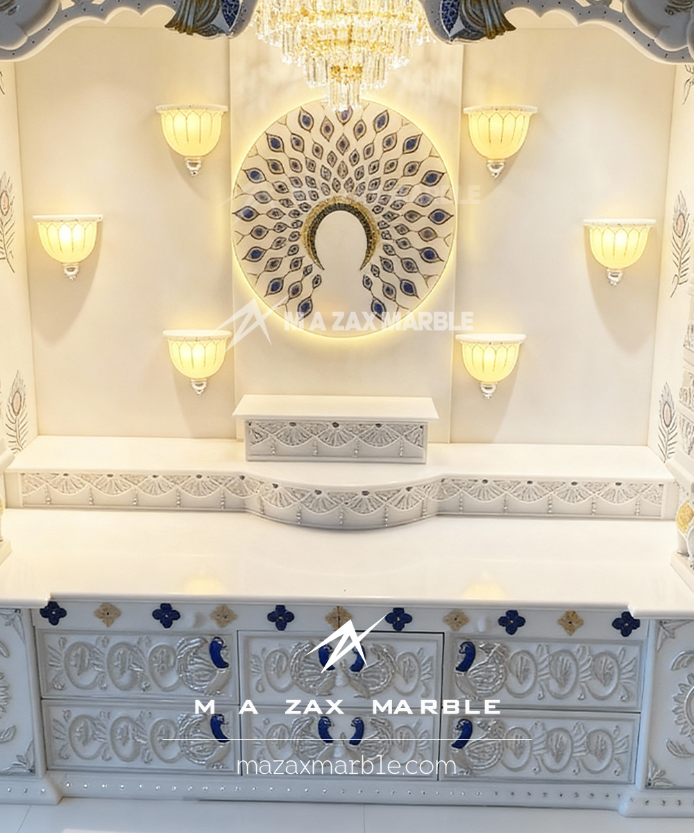 Luxury Handcrafted White Marble Mandir with Peacock Design | Premium Home Temple Interior - Image 3