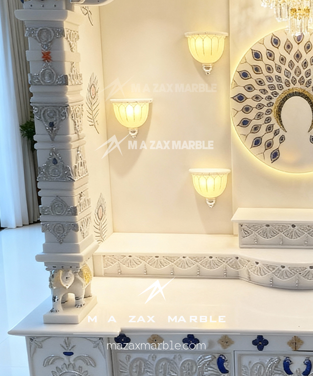 Luxury Handcrafted White Marble Mandir with Peacock Design | Premium Home Temple Interior - Image 4