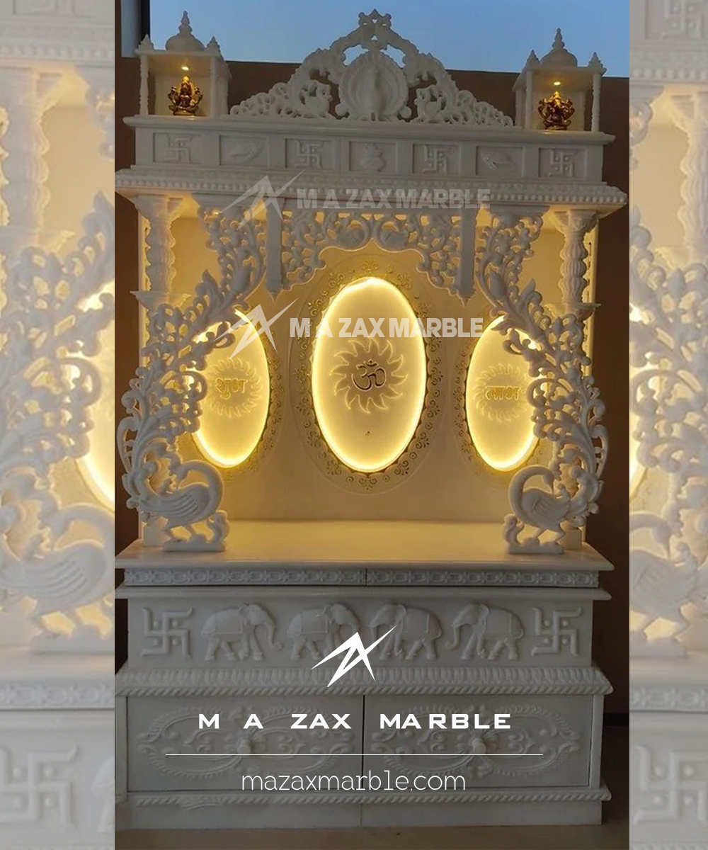 Bring divine grace to your living room with a White Marble Temple featuring an elegant Peacock pattern, handcrafted to add purity, positivity, and royal charm to your home.