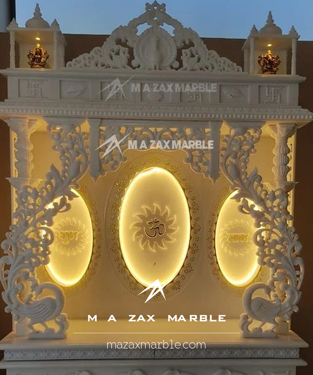 Living Room Temple | White Marble Temple with Peacock Pattern - Image 2