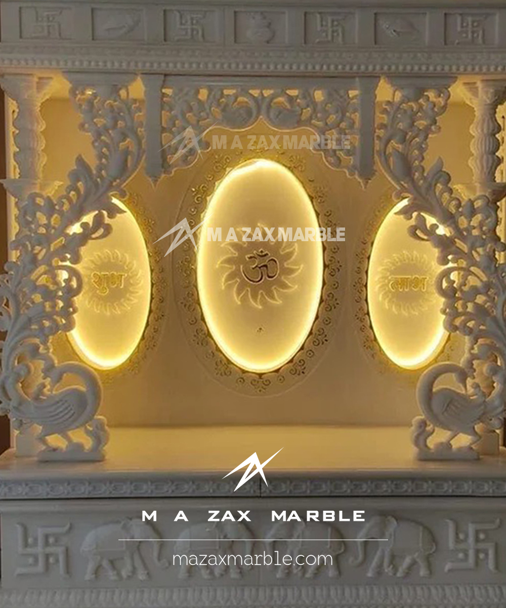 Living Room Temple | White Marble Temple with Peacock Pattern - Image 3