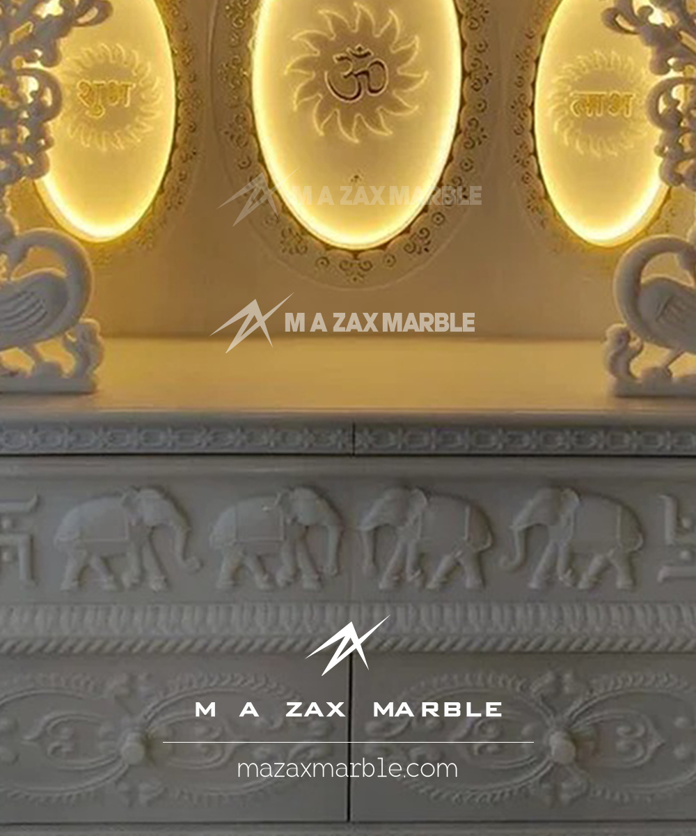 Living Room Temple | White Marble Temple with Peacock Pattern - Image 4